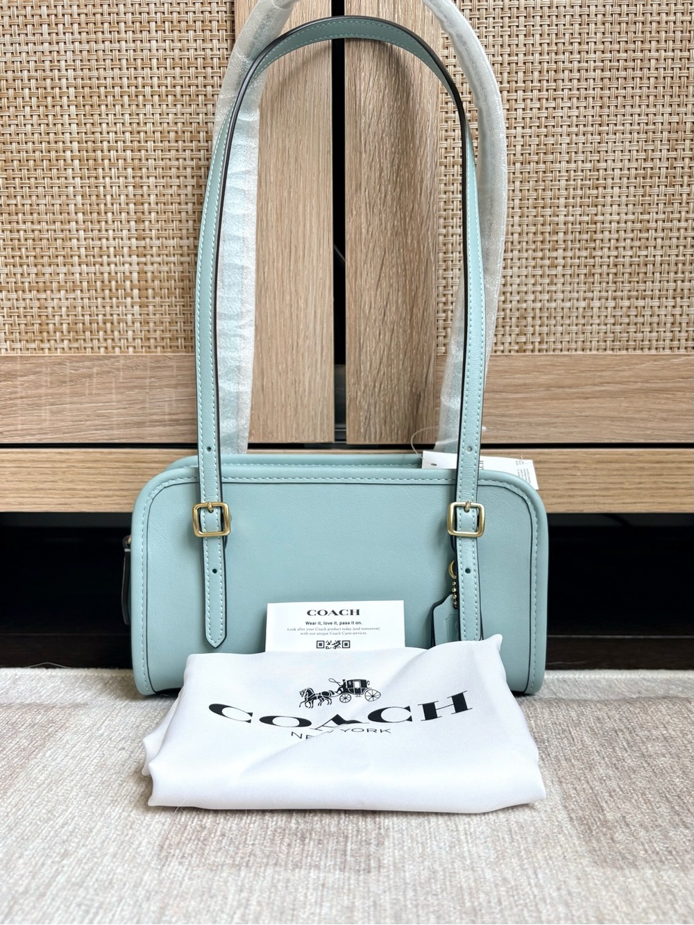 LIKE NEW COACH Swing Zip Bag 20 Light Blue Turquoise Leather Shoulder Bag CAM45